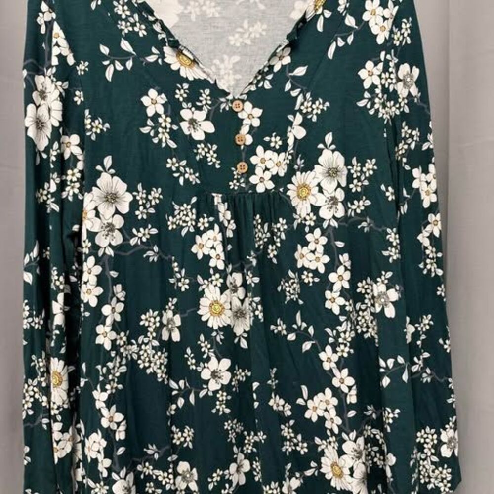 CATHY Floral Long Sleeve Henley Top / Tunic - Dark Green - Size Large
